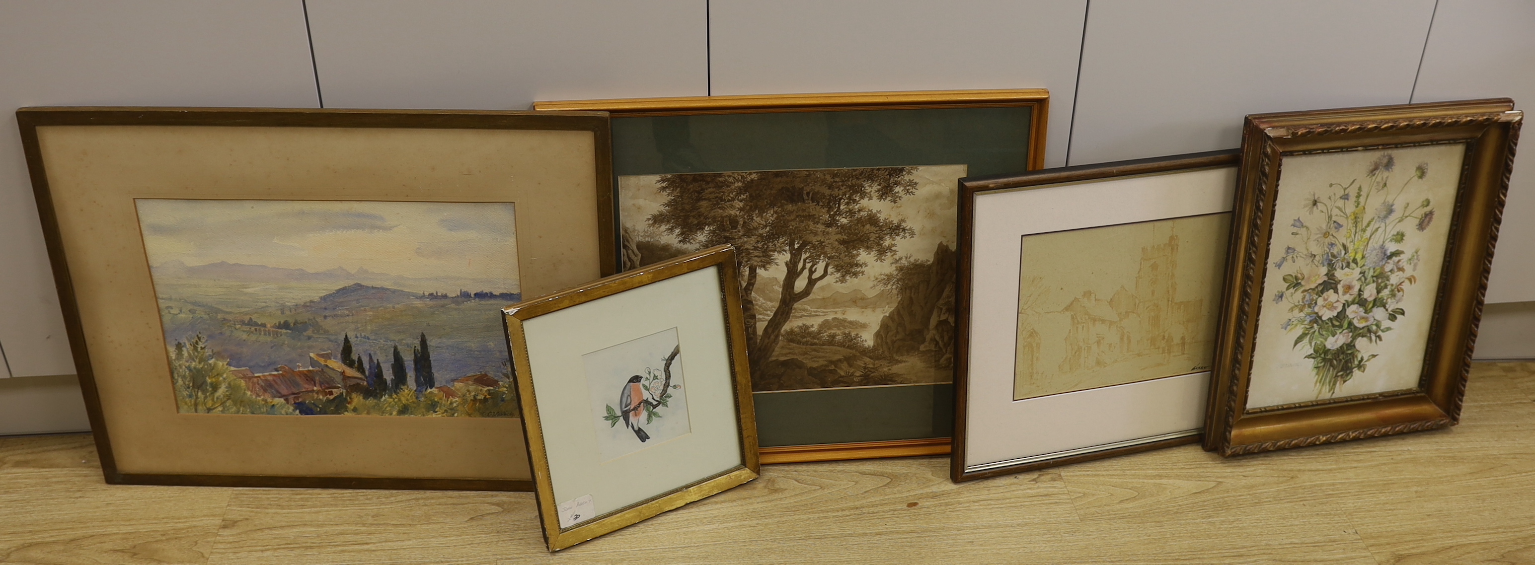 Edward Wesson (1910–1983) sepia watercolour, Figures before a church, label verso, 35 x 25cm and five various watercolours comprising Still life of flowers, Mountainous landscape, Bird on a branch and two further landsca
